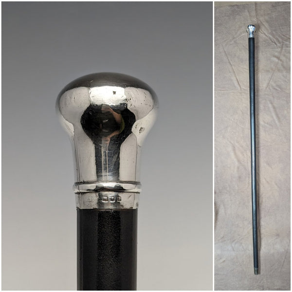 1922 British antique gentleman's walking stick, black shaft, pure silver, round handle, 92cm