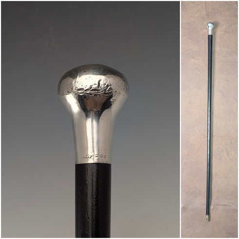 英國古董黑色桿身純銀素面圓頭手柄手杖,87厘米