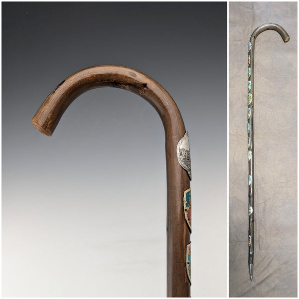 Vintage Men's European Tourist Walking Stick, Brown Shaft, 88cm