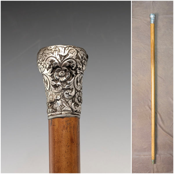 Circa 1900 Antique Malacca Shaft Sterling Silver Rondelle Handle Walking Stick 90cm