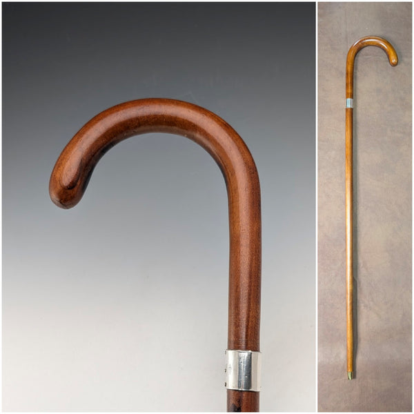 Vintage Tan Shaft Bent Handle Sterling Silver Decorated Walking Stick 92cm