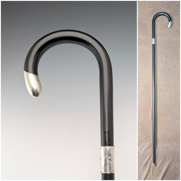 1919 British antique gentleman's curved handle pure silver decorated walking stick, 91cm, Henry Tracy & Sons