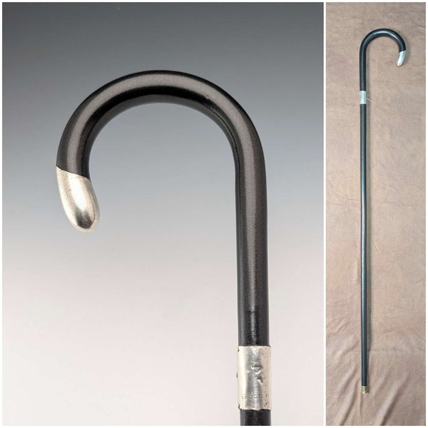 1919 British antique gentleman's curved handle pure silver decorated walking stick, 91cm, Henry Tracy & Sons