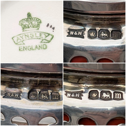 1929年 英国ヴィンテージ 純銀ホルダ ポーセリンカップ 3個セット Walker&Hall、AYNSLEY