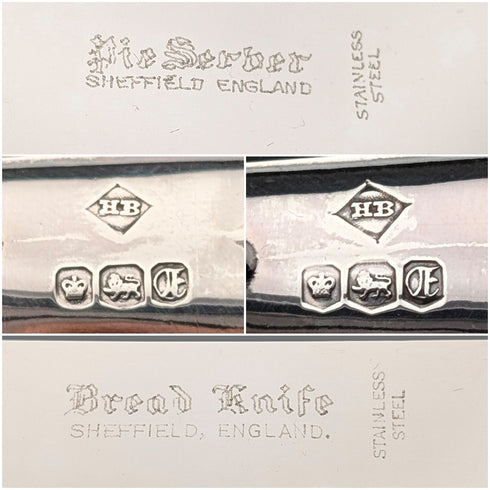 1973 British Vintage Sterling Silver Handle Cake Slicer & Bread Knife Harrison Brothers