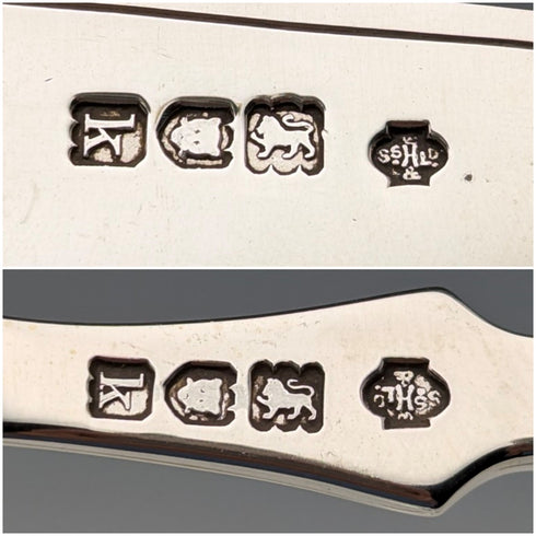 1904 British antique white mother-of-pearl handle, pure silver blade, dessert cutlery, 2 pairs, William Hutton