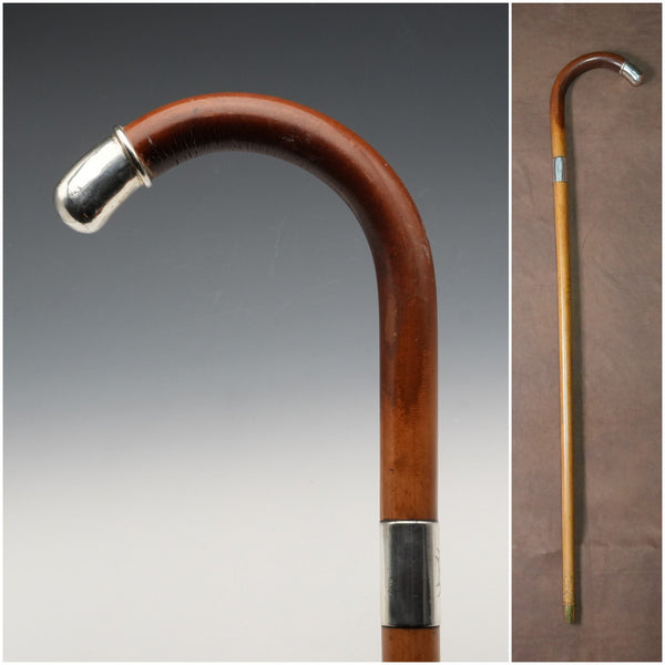 1914年 英国アンティーク タンシャフト 純銀装飾 大曲りハンドル ステッキ 杖 93cm
