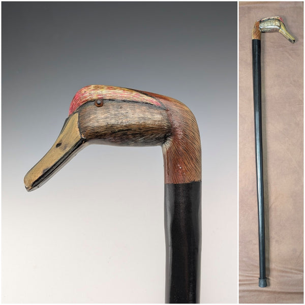 British Vintage Thick Black Shaft Cane with Painted Duckhead Handle, 94cm