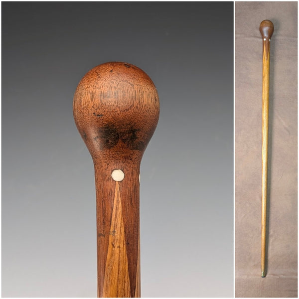 Antique Brown and Tan Marquetry Rondelle Handle Walking Stick 88cm