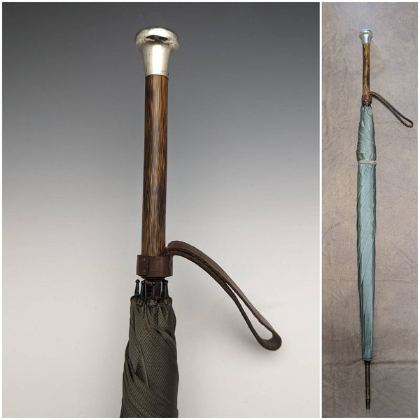 1919 British antique gentleman's umbrella, green, sterling silver, round handle, 87cm
