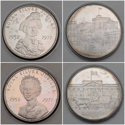 1977年 英国 純銀製 シルバージュビリー クラウン銀貨4個セット 計113g ケース入 Pobjoy Mint