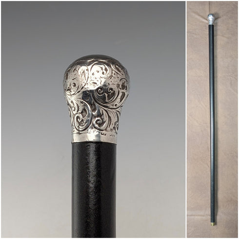 1883年 英国アンティーク ブラックシャフト 彫刻純銀製 丸ハンドル ステッキ 杖 89cm