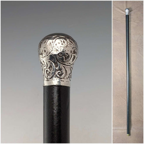 1883 British antique black shaft engraved sterling silver round handle walking stick 89cm