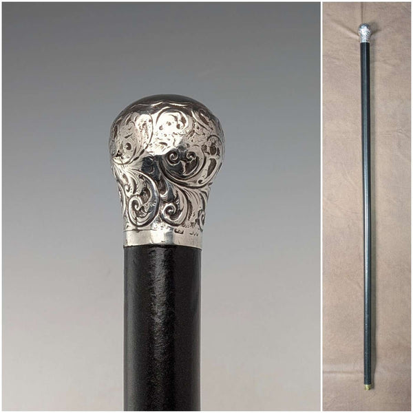 1883 British antique black shaft engraved sterling silver round handle walking stick 89cm