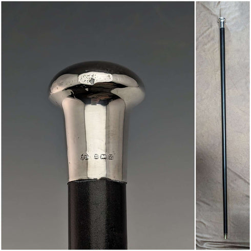 1924 British Vintage Men's Walking Stick, Sterling Silver, Round Handle, Black Shaft, 91.5cm