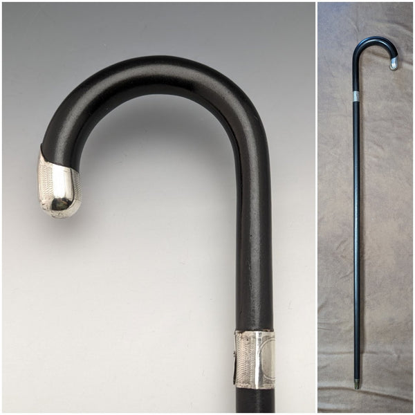 1930 British Vintage Men's Cane, Black Shaft, Sterling Silver Decorated Curved Handle, 92cm