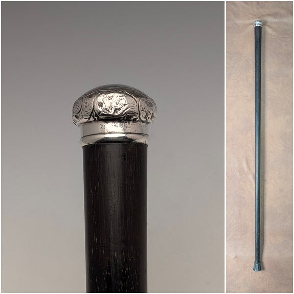 1893 British antique black shaft sterling silver engraved round handle walking stick 86cm