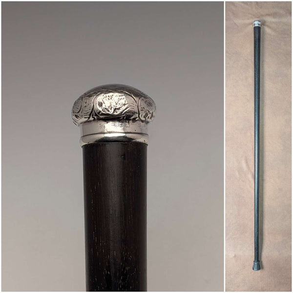 1893 British antique black shaft sterling silver engraved round handle walking stick 86cm