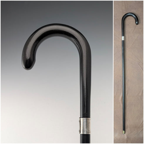 1920-30年代 英国ヴィンテージ ブラックシャフト 曲がりハンドル 純銀装飾 ステッキ 杖 78cm