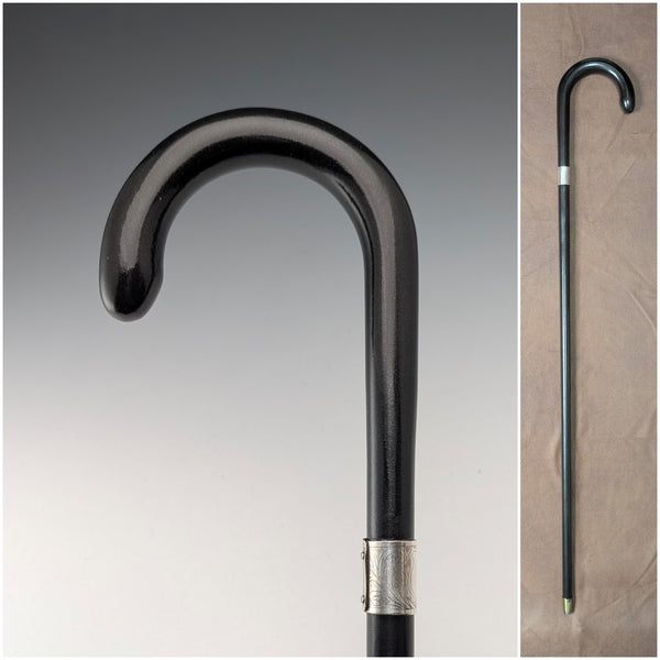 1920s-30s British vintage black shaft curved handle sterling silver decorated walking stick 78cm