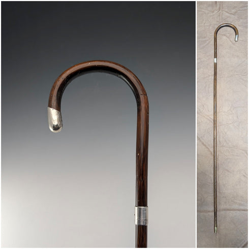 1919 British Antique Brown Shaft, Curved Handle, Pure Silver Decorated Lightweight Walking Stick, 91cm