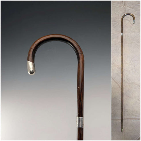1919 British Antique Brown Shaft, Curved Handle, Pure Silver Decorated Lightweight Walking Stick, 91cm