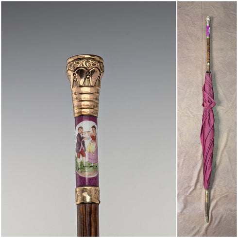 Vintage British ladies umbrella with gold-plated enamel handle, purple, 86cm