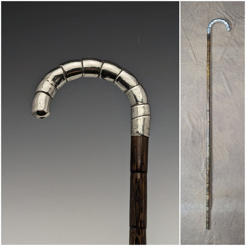Around 1910 British antique thin cane pure silver bent handle 86cm