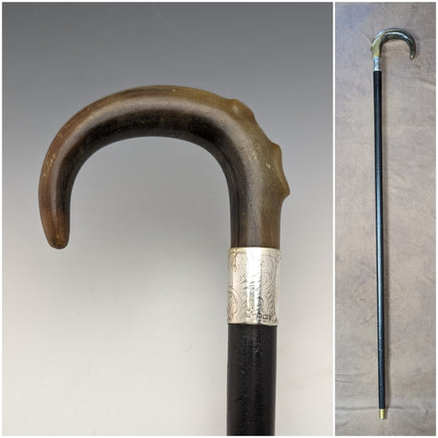 1927 British Vintage Men's Cane Sterling Silver Decoration Curved Horn Handle 92cm