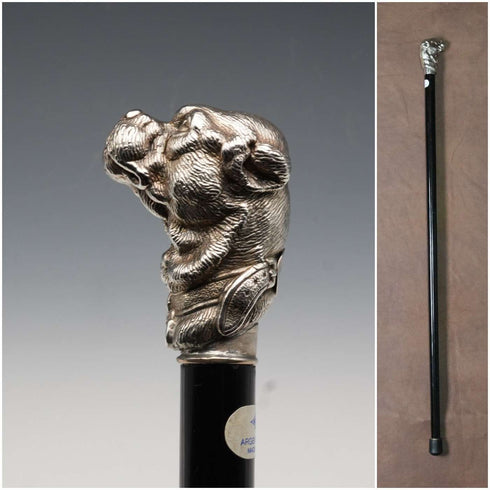 Bastón italiano vintage con eje negro y mango de cabeza de perro en plata de ley, 78 cm