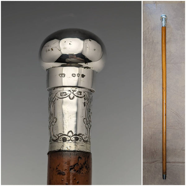 1890 British antique gentleman's walking stick, pure silver, round handle, 91cm