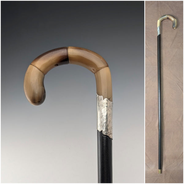 1920 British antique black shaft horn bent handle pure silver decorated walking stick 88cm