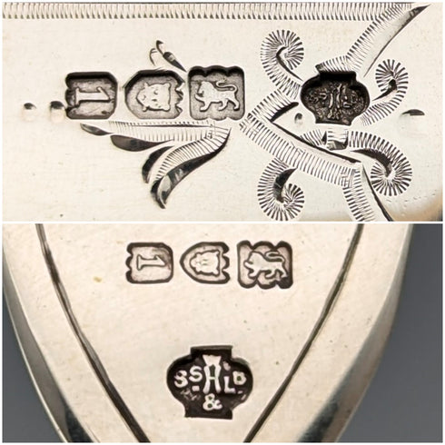 1906 British antique carved mother-of-pearl handles, pure silver blades, dessert cutlery, 6 pairs, William Hutton, wooden box