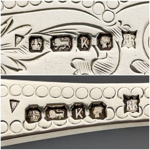 1877 British Antique Pure Silver Blade White Butterfly Shell Handle Fish Cutlery 3 Pairs Set William Hutton