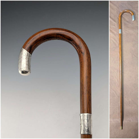 1921年 英国アンティーク 茶軸 曲がりハンドル 純銀装飾 ステッキ 杖 92cm J Howell&Co
