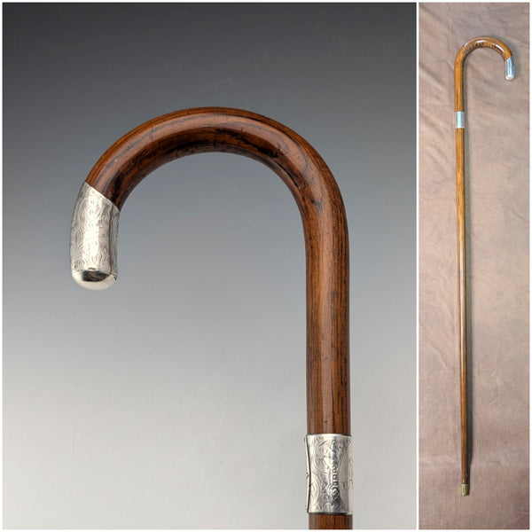 1921 British antique brown handle, curved handle, pure silver decoration, walking stick, 92cm, J Howell & Co.