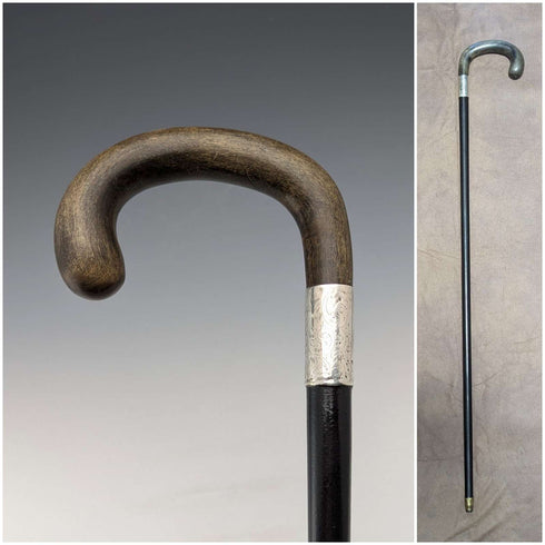 1918 British antique men's pure silver decorated horn handle walking stick 82cm