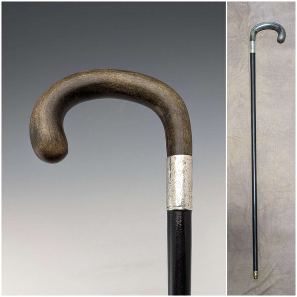 1918 British antique men's pure silver decorated horn handle walking stick 82cm