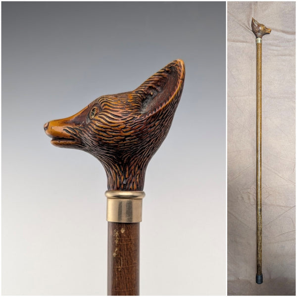 Vintage brown shaft resin fox head handle walking stick, 90cm