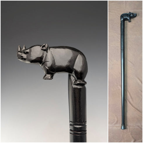 ヴィンテージ 極太ブラックシャフト ライノ彫刻ハンドル ステッキ 杖 83cm