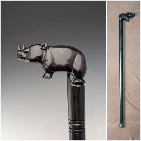 Vintage Thick Black Shaft Rhino Carved Handle Walking Stick 83cm