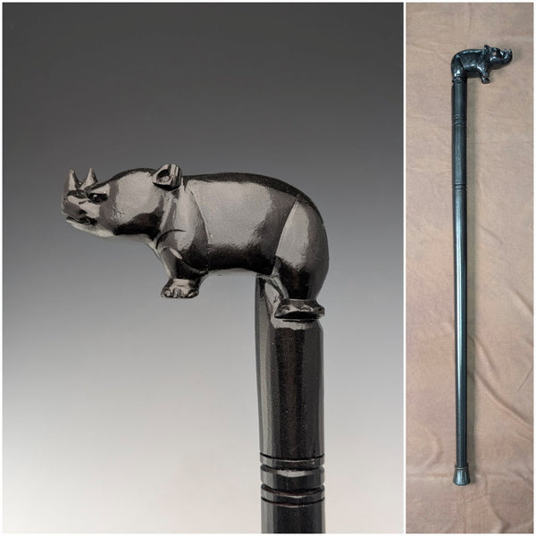 Vintage Thick Black Shaft Rhino Carved Handle Walking Stick 83cm