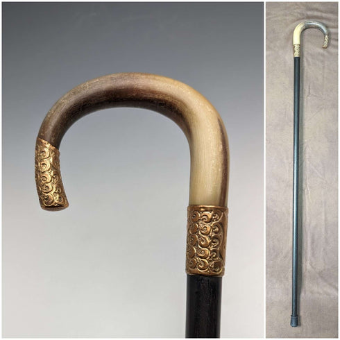 Circa 1914 British Antique Men's Cane Horn Bent Handle Black Shaft 85cm