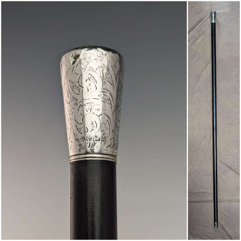 1920 British antique gentleman's walking stick, pure silver engraving, round handle, black shaft, 91.5cm