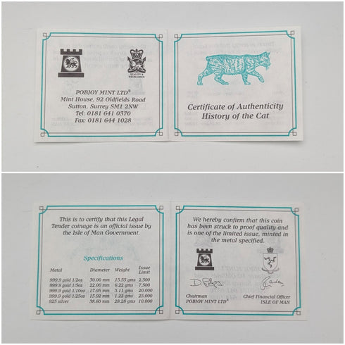 英國曼島銀質克朗硬幣“貓的歷史:西表野貓”,由PobjoyMint發行,附帶包裝盒和說明書