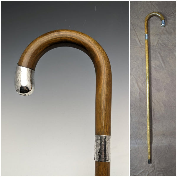 1922 British Antique Gentleman's Walking Stick, Brown Handle, Pure Silver Decoration, Curved Handle, 92cm