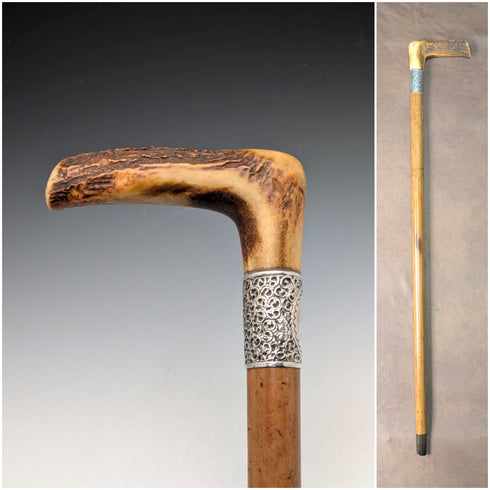 1901年 英国アンティーク マラッカシャフト L字アントラーハンドル 純銀装飾 ステッキ 杖 88cm Henry Howell