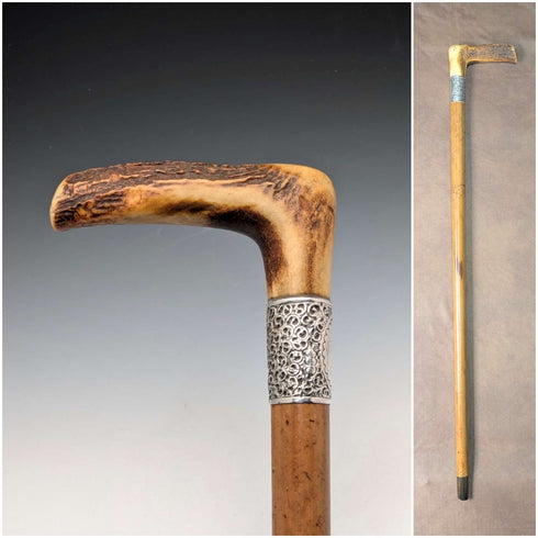 1901 British antique Malacca shaft L-shaped antler handle pure silver decorated walking stick 88cm Henry Howell