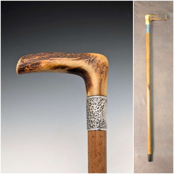 1901 British antique Malacca shaft L-shaped antler handle pure silver decorated walking stick 88cm Henry Howell