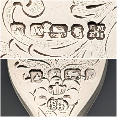 1865 British antique sterling silver blade and white mother of pearl handle dessert cutlery 6 pairs in wooden box Martin & Hall